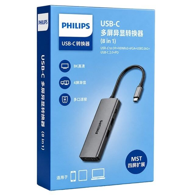 Philips SWR1602S/93 USB-C 8'i 1 Arada 8K DP + Dual 4K HDMI + VGA 100W PD Ultra Hub İstasyonu