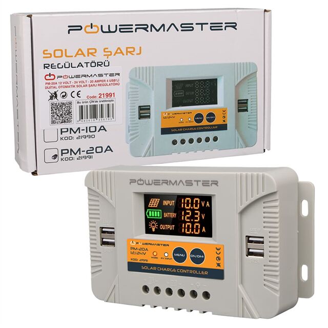 Powermaster PM-20A 12V-24V 20 Amper 4 USB Çıkışlı Dijital Ekranlı Solar Şarj Regülatörü