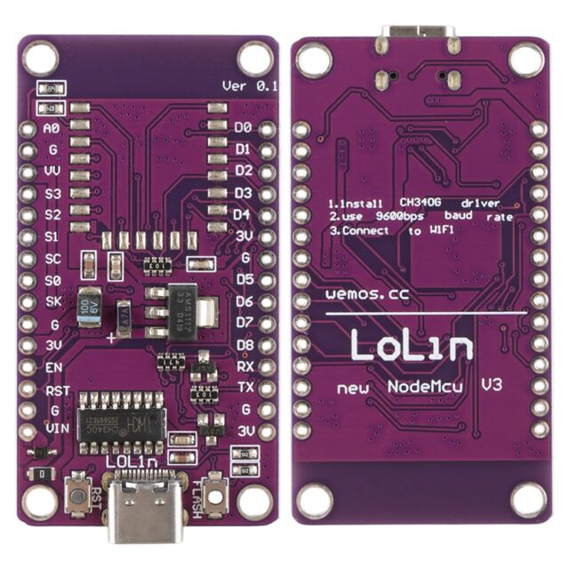 ESP8266 NodeMCU V3 Lolipop Mor Geliştirme Kartı CH340 USB-C Bağlantılı Proje Modülü
