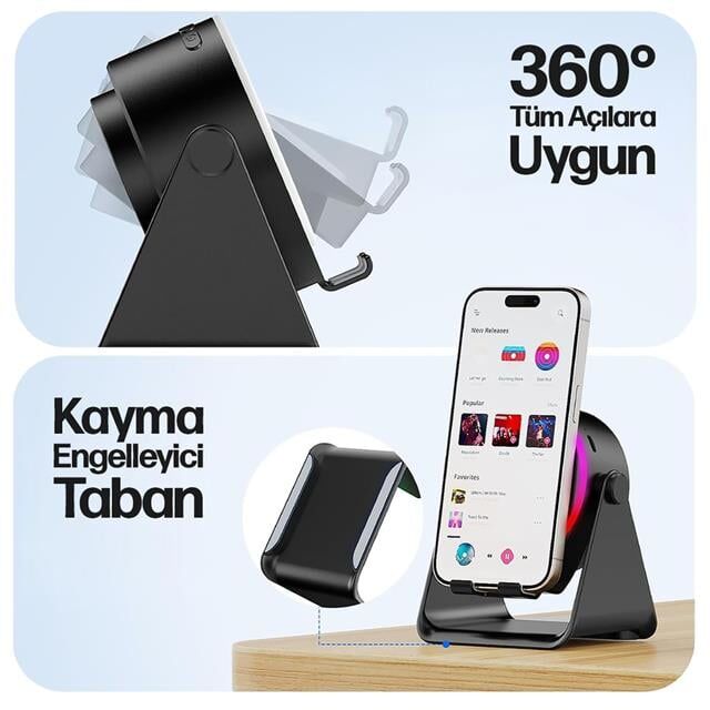 Enkado EKD-S10 5W İndüksiyonlu Bluetooth Hoparlör Ses Yükselten 2000mAh RGB Işıklı Standlı Speaker