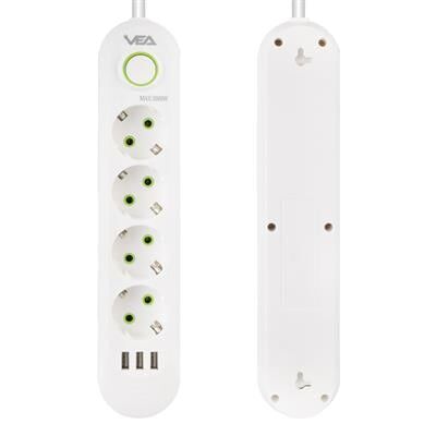 Vea VA-21560 4'lü 3 USB'li 1.5 Metre Akım Korumalı Priz Beyaz