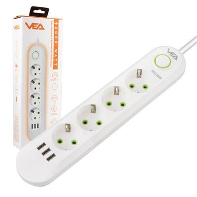 Vea VA-21560 4'lü 3 USB'li 1.5 Metre Akım Korumalı Priz Beyaz