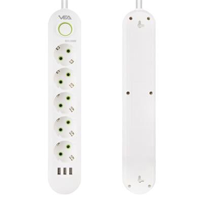 Vea VA-21562 5'li 3 USB'li 1.5 Metre Akım Korumalı Priz Beyaz