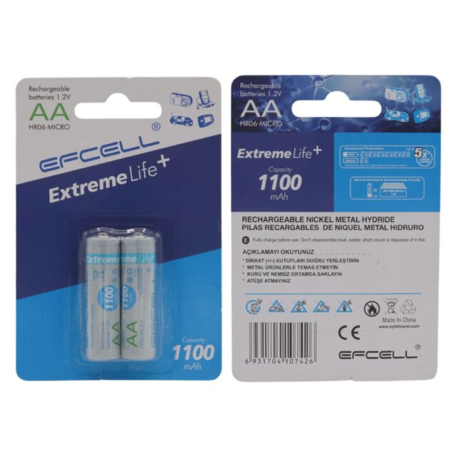 Efcell Extreme Life+ 1.2V 1100mAh Şarj Edilebilir AA Kalem Pil (2'li Paket)