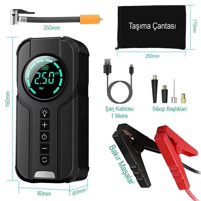 Buwei BW-29879 Powerbank Araç Akü Şarj Lastik Hava Kompresörü Şişirici Taşınabilir Dijital Kablosuz El Feneri