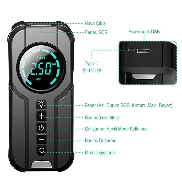 Buwei BW-29879 Powerbank Araç Akü Şarj Lastik Hava Kompresörü Şişirici Taşınabilir Dijital Kablosuz El Feneri