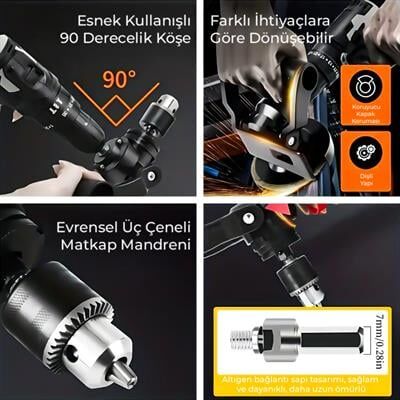 PowerMaster PM-26256 Mandrenli 90 Derece Açılı Universal Matkap Başlık Seti Adaptörü