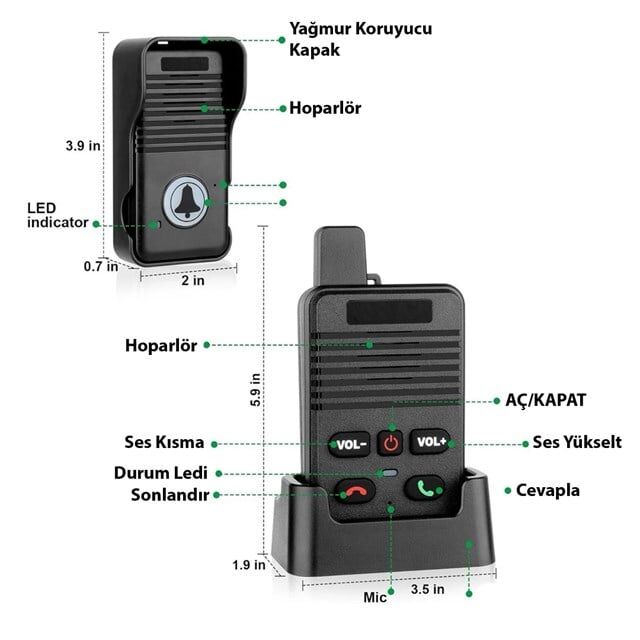 Hello D90 1000mAh Şarjlı Kapalı Devre Telsiz Kapı Zili ve İnterkom Sistemi Kesintisiz Çift Taraflı Sesli İletişim Telsiz