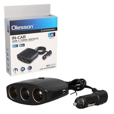 Olesson 1635 12-24V Çift USB Girişli 100W 70 CM Kablolu 3'LÜ Araç Çakmak Çoklayıcı 100x66x40mm