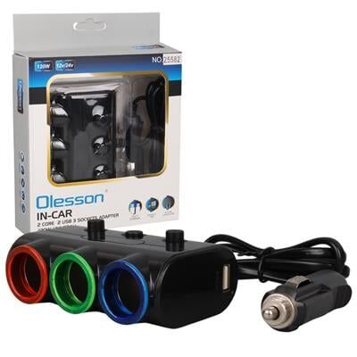 Olesson 1523 12-24V Çift USB Girişli 120W 80cm Kablolu 3'LÜ Araç Çakmak Çoklayıcı