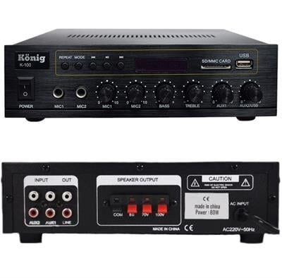 König K-100 USB-SD-Bluetooth Destekli 2 Mik. Giriş 8 Ohm 100/70v 80 Watt Trafolu Anfi