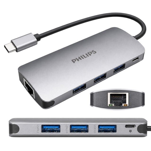 Philips SWR1607H/93 USB-C 5'i 1 Arada Hub - RJ45 Ethernet + 3 Port USB 3.0